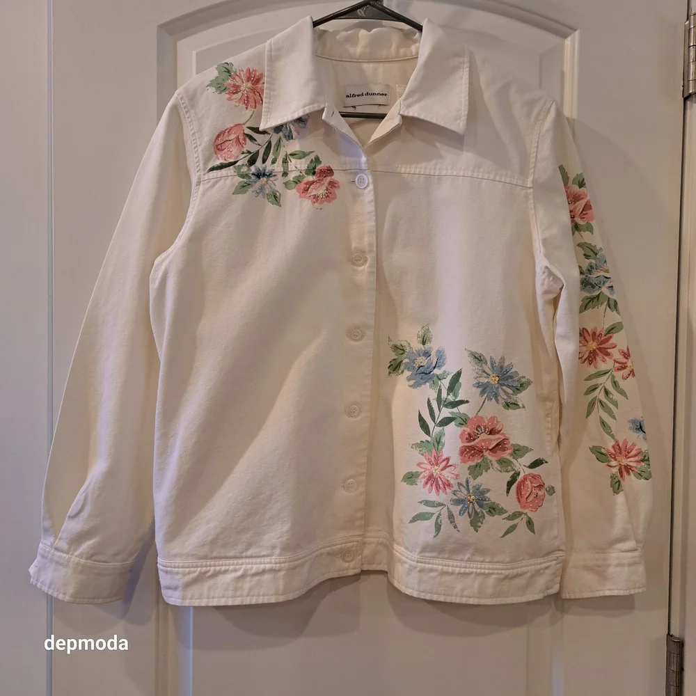 Alfred Dunner White Floral Jean Jacket Size 12